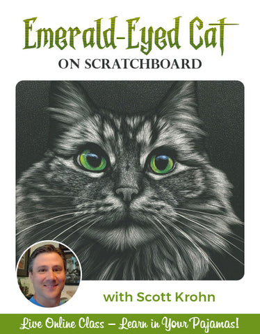 Emerald Eyed Cat on Scratchboard - Pajama Class with Scott Krohn